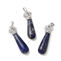 Sodalite Natural Sodalite Pendants, Teardrop Charms, with Brass Crystal Rhinestone Crown Findings, Platinum, Cadmium Free & Lead Free, 36~39x9.5~11mm, Hole: 5x8mm