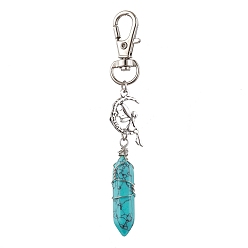 Synthetic Turquoise Pointed Synthetic Turquoise Pendant Decorations, with Alloy Pendants and Swivel Lobster Claw Clasps, Fairy and Bullet, 87mm