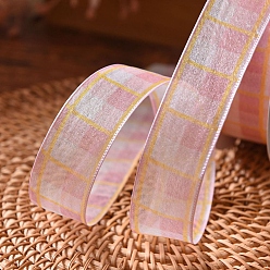 Pearl Pink 9M Tartan Print Polyester Organza Ribbons, Garment Accessories, Gift Packaging, Pearl Pink, 1 inch(25mm), about 9.84 Yards(9m)/Roll