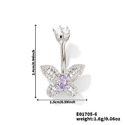 Платина Элегантные латунные хрустальные стразы бабочка изогнутые кольца для пупка штанга, платина, 24x15 мм