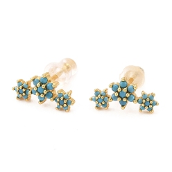 Deep Sky Blue Brass Micro Pave Cubic Zirconia Stud Earrings, Real 18K Gold Plated, Flower, Deep Sky Blue, 6.5x12.5mm, Pin: 1mm