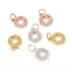 (52) Непрозрачная лаванда Латунные микро проложить кубического циркония прелести, с прыжковых колец, плоские круглые со звездой, прозрачные, разноцветные, 11.5x9x1.8 мм, кольца прыжок: 5x0.8 мм, 3.4 мм внутренним диаметром