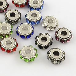 Mixed Color Flat Round Antique Silver Plated Alloy Rhinestone European Beads, Large Hole Beads, Mixed Color, 14~15x6~7mm, Hole: 5mm