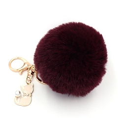 Dark Red Imitation Rabbit Fur Pom-Pom & Cat Keychain, Bag Pendant Decoration, Dark Red, 8cm