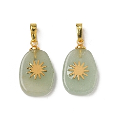 Зеленый Авантюрин Естественный зеленый авантюрин подвески, плоские овальные подвески золотистого оттенка 304 солнечные пластины из нержавеющей стали и латунные застежки-кнопки, 19~20.5x12~12.3x3.5~4 мм, отверстие : 6x3 мм