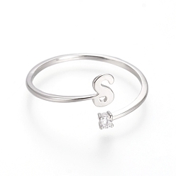 Letter S Rhodium Plated 925 Sterling Silver Cuff Rings, Open Rings, with Cubic Zirconia, Platinum, Clear, Letter.S, letter S: about 5.5x3.5x0.8mm, Size 7, 17mm,