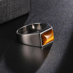 Platinum Rectangle Natural Tiger Eye Finger Ring, Alloy Jewelry, Platinum, Inner Diameter: 17.4mm