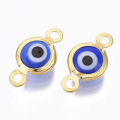 Blue Handmade Evil Eye Lampwork Links connectors, with 304 Stainless Steel Findings, Flat Round, Golden, Blue, 12.5x7x2.5mm, Hole: 1.5mm