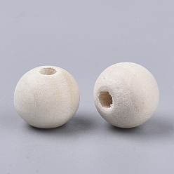 Blanc Floral Perles en bois naturel non fini, perles en bois ciré, surface lisse, ronde, floral blanc, 16mm, Trou: 3mm