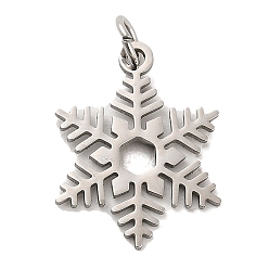 Stainless Steel Color Christmas 304 Stainless Steel Pendants, with Jump Ring, Snowflake Charm, Stainless Steel Color, 20x15x1mm, Hole: 3.4mm