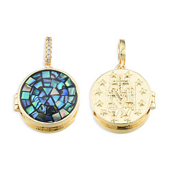Black Brass Micro Pave Clear Cubic Zirconia Locket Pendants, with Natural Abalone Shell/Paua Shell, Dyed, Nickel Free, Real 18K Gold Plated, Flat Round Charm with Virgin Mary Pattern Inside, Black, 21x19x8mm, Hole: 4x5.5mm