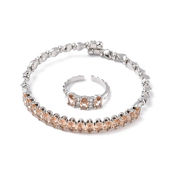 Легкий Лосось Овальные латунные браслеты-манжеты и кольца с микропаве из кубического циркония для женщин, стойки покрытие, платина, светлый померанцевый, браслет: 7ширина мм, внутренний диаметр: 59.5x55 мм