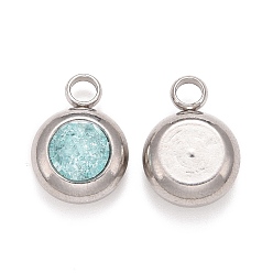 Pale Turquoise 304 Stainless Steel Charms, Flat Round with Glass Rhinestone, Stainless Steel Color, Pale Turquoise, 14x10x6mm, Hole: 2.5mm
