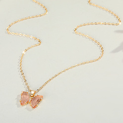Pink Delicate Crystal Butterfly Pendant Necklace - Lockbone Chain Jewelry, Exquisite Design.