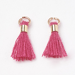 Kamelie Quastenanhänger aus Polycotton (Polyester-Baumwolle), Mini-Quaste, mit Messingverschlüssen & Eisenringen, Licht Gold, Kamelie, 10~15x3~4 mm, Bohrung: 2 mm