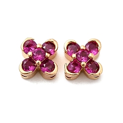 Светло-Вишневый Многожильные звенья из латуни с паве из кубического циркония, клевер, реальный 18 k позолоченный, светло-вишневый, 6x6x5 мм, отверстие : 1 мм