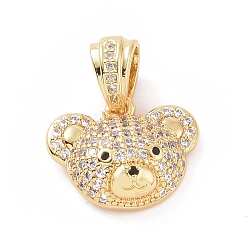 Clear Brass Micro Pave Cubic Zirconia Pendants, Bear Head Charm, Golden, Clear, 16x13x5.5mm, Hole: 6.5x3.5mm