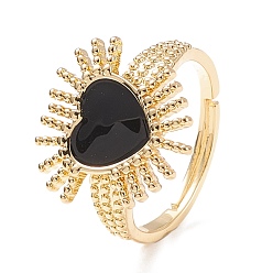 Real 18K Gold Plated Black Cubic Zirconia Heart Sun Adjustable Ring, Brass Jewelry for Women, Cadmium Free & Lead Free, Real 18K Gold Plated, Inner Diameter: 16.2~21mm