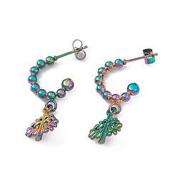 Rainbow Color 304 Stainless Steel Ring with Tree of Life Dangle Stud Earrings, Half Hoop Earrings for Women, Rainbow Color, 29mm, Pin: 0.8mm