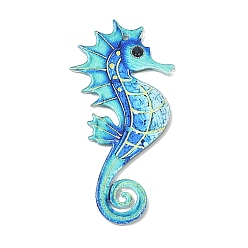 Blue Printed Acrylic Big Pendants, Sea Horse, Blue, 55.5x28x2mm, Hole: 1.6mm