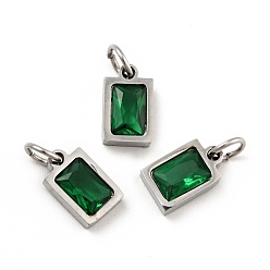 Green 304 Stainless Steel Pendants, with Cubic Zirconia and Jump Rings, Single Stone Charms, Rectangle, Stainless Steel Color, Green, 9.5x6x3mm, Hole: 3.6mm