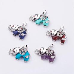 Mixed Stone Natural & Synthetic Mixed Stone Pendants, with Rhinestone and Brass Findings, Elephant, Platinum, 25.5x36.5x10mm, Hole: 5x8mm