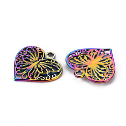Rainbow Color Hollow Alloy Pendants, Cadmium Free & Nickel Free & Lead Free, Heart with Butterfly, Rainbow Color, 22x22x2mm, Hole: 2mm