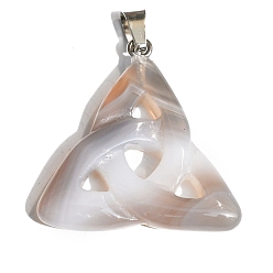 Grey Agate Saint Patrick's Day Natural Grey Agate Pendants, Triquetra Knot Charms with Platinum Plated Metal Snap on Bails, 34x6mm