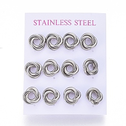 Stainless Steel Color 304 Stainless Steel Stud Earrings, Hypoallergenic Earrings, Interlocking Rings, with Ear Nuts, Stainless Steel Color, 13mm, Pin: 0.8mm, 6pairs/card