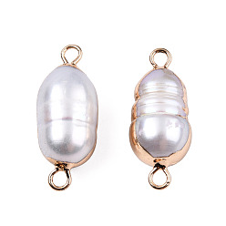 Light Gold Electroplate Natural Baroque Pearl Keshi Pearl Connector Charms, Cultured Freshwater Pearl, with Iron Findings, Oval, Light Gold, 21~23.5x8.5~9x8~8.5mm, Hole: 1.8mm