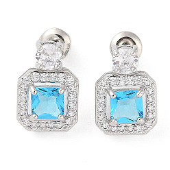 Светло-Голубой Серьги-гвоздики из латуни с микропаве из кубического циркония, долговечный, квадратный, платина, Небесно-голубой, 13.5x9.5 мм