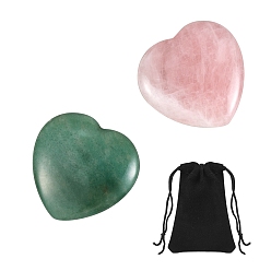 Mixed Stone 2Pcs 2 Style Heart Natural Mixed Gemstone Massage, with 1Pc Velvet Cloth Drawstring Bags, 39~40x39.5~40x7~8mm, 1pc/style