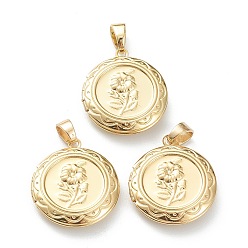 Real 18K Gold Plated Brass Locket Pendants, Photo Frame Pendants for Necklaces, Flat Round with Flower, Real 18K Gold Plated, 22.5x20x4.5mm, Hole: 4.5x3mm, 14mm Inner Diameter
