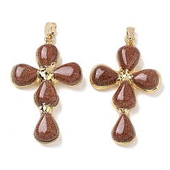 Goldstone Synthetic Goldstone Pendants, Cross Charms, with Golden Tone Brass Findings, 38~41x22.5~23.5x5.5~6mm, Hole: 5.5x3.5mm