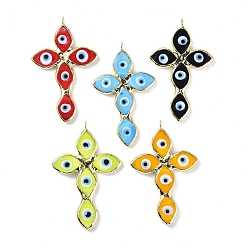 Mixed Color Handmade Lampwork Big Pendants, with Eco-friendly Ligh Gold Brass Findings, Long-Lasting Plated, Cadmium Free & Lead Free, Religion Cross with Evil Eye Charm, Mixed Color, 73.5x47x4mm, Hole: 4.2mm