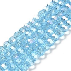 Deep Sky Blue Transparent Glass Beads, 32 Facets, AB Color Plated, Round, Deep Sky Blue, 8x7~7.5mm, Hole: 1.5mm, about 66pcs/strand, 18.82''~19.06''(47.8~48.4cm)