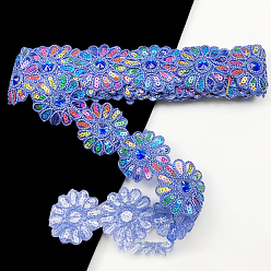 Cornflower Blue Polyester Lace Trim, with Colorful Paillettes, Flower, Garment Accessories, Cornflower Blue, 2-3/8 inch(60mm), about 4.5 yards/pc