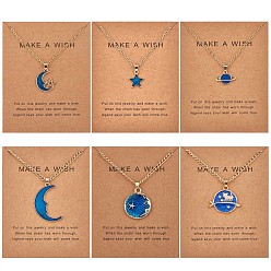 Golden 6Pcs Blue Moon Pendant Necklace, Adjustable Alloy Enamel Blue Star Planet Cat Dangle Charms Necklace Gifts for Women Lovers Christmas Birthday, Golden, 16.54 inch(42cm)