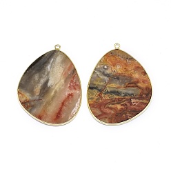 Crazy Agate Natural Crazy Agate Pendants, with Brass Findings, Golden, 42x30.5x1.5~2mm, Hole: 1.6mm