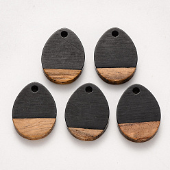 Black Resin & Walnut Wood Pendants, teardrop, Black, 17.5x13x4mm, Hole: 1.8mm