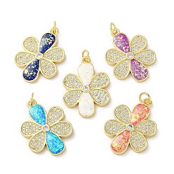 Mixed Color Brass Micro Pave Clear Cubic Zirconia Pendants, with Synthetic Opal and Jump Ring, Real 18K Gold Plated, Flower, Mixed Color, 24.5x17.5x2.5mm, Hole: 3.6mm