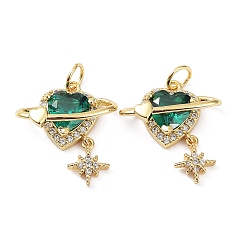 Green Rack Plating Brass & Cubic Zirconia & Glass Pendants, Lead Free & Cadmium Free, Long-Lasting Plated, Heart with Star, Green, 22x17x6mm, Hole: 3.5mm