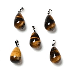 Tiger Eye Natural Tiger Eye Pendants, with Platinum Tone Brass Findings, Teardrop Charm, 20~21x11~12mm, Hole: 6x3.5mm