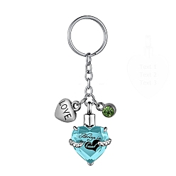 Sky Blue Stainless Steel Keychain, with Urn Ashes and Wing Pendant, Sky Blue, Pendant: 2.5x2.1cm