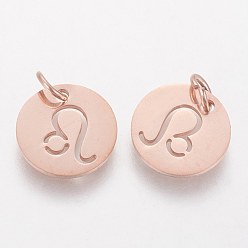 Leo 304 Stainless Steel Charms, Flat Round with Constellation/Zodiac Sign, Rose Gold, Leo, 12x1mm, Hole: 3mm