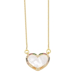Colorful Shell Pendant Necklaces, with Brass Micro Pave Cubic Zirconia Finding, Heart, Colorful, 17.72 inch(45cm)