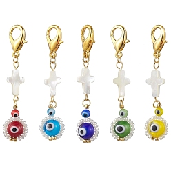 Mixed Color Lampwork & Glass Seed Bead Pendant Decorations, with Shell Cross, Cross wiht Evil Eye, Mixed Color, 55mm