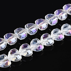 Прозрачный АВ Гальванизируйте прозрачное стекло бисер нитей, сердце, граненые, с покрытием AB цвета, с половиным покрытием, ясно AB, 15x13x8.5 мм, отверстие : 1 мм, около 50 шт / нитка, 23.62 дюйм (60 см)
