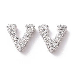 Letter V 925 Sterling Silver Micro Pave Cubic Zirconia Beads, Real Platinum Plated, Letter V, 9x9.5x3.5mm, Hole: 2.5x1.5mm