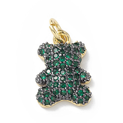 Medium Sea Green Rack Plating Brass Micro Pave Cubic Zirconia Charms, Lead Free & Cadmium Free, Bear Charm, Real 18K Gold Plated, with Jump Ring, Medium Sea Green, 15x10x3.5mm, Hole: 3mm